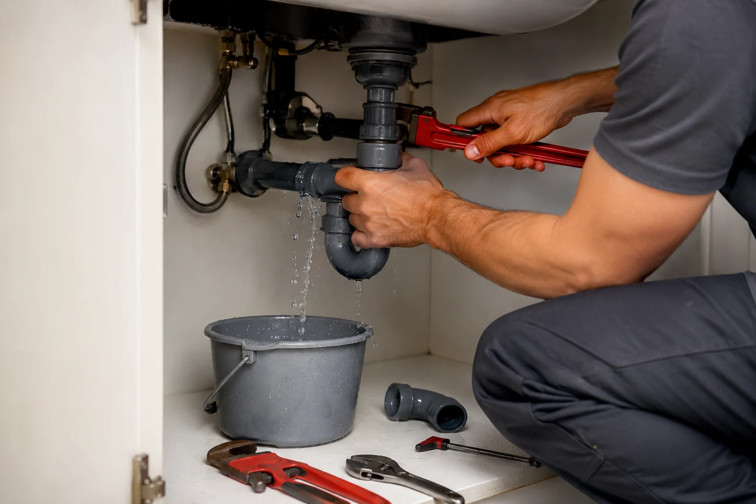 Professional plumber repairing a pipe leak in a Bangalore home